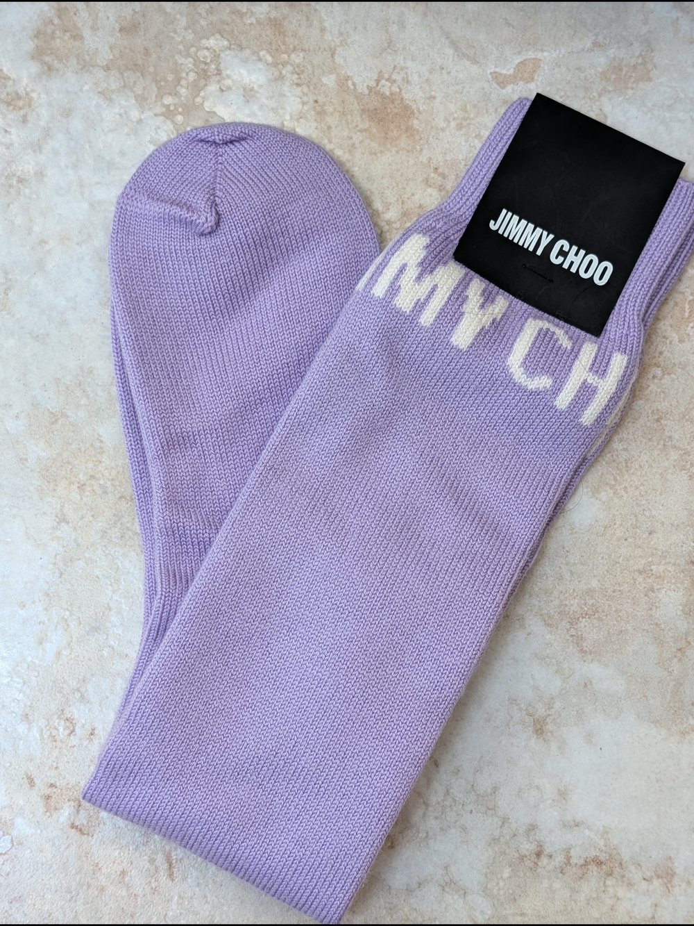 Jimmy Choo Intarsia Lavender Knit Crew Socks with White Logo NWT - Picture 1 of 4